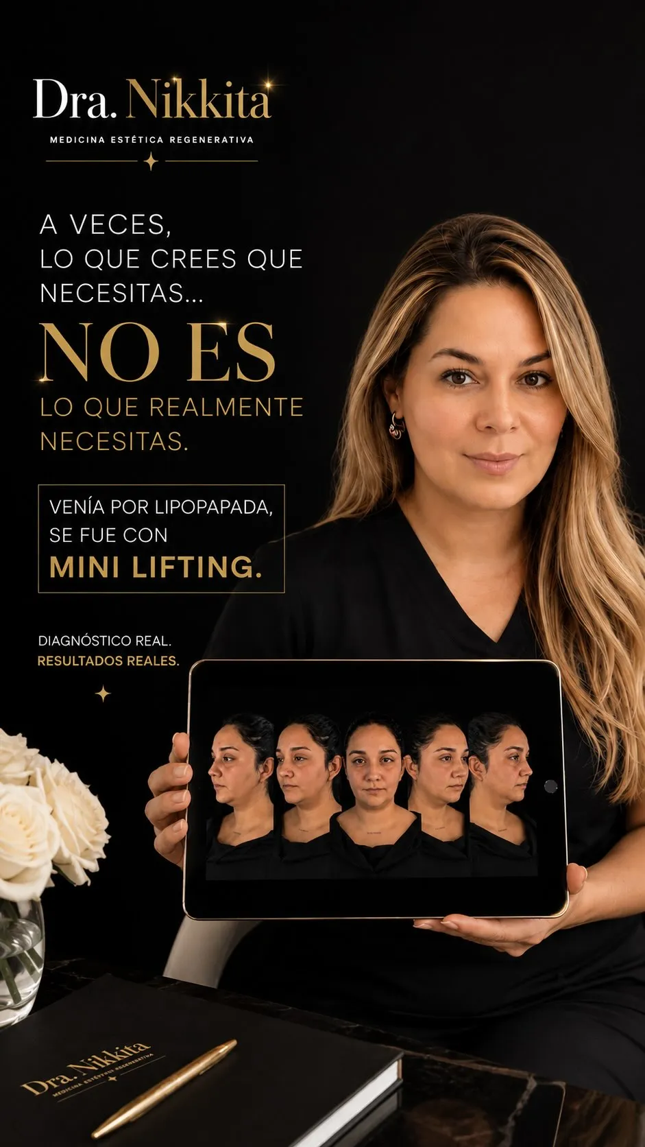 Pieza publicada por la consulta: la Dra. Nikkita, de uniforme negro, sostiene una tablet con cinco vistas del rostro de una paciente, junto al texto «Venía por lipopapada, se fue con Mini Lifting».